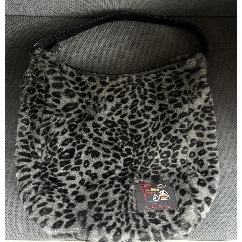 F Studio Designed By Carlos Falchi Faux Fur Leopard Zip Purse Bag 18"x14" RARE